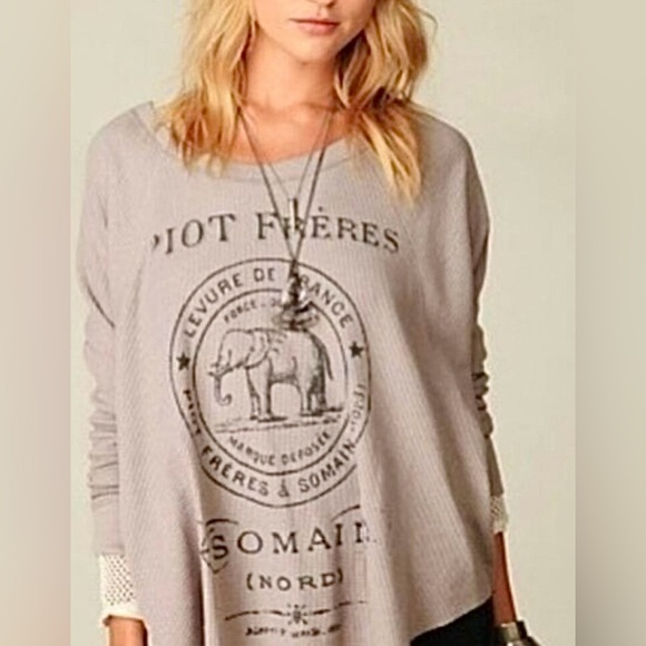 EUC Free People Peach Pink Graphic Elephant Long Sleeve Waffle Top - Picture 1 of 6